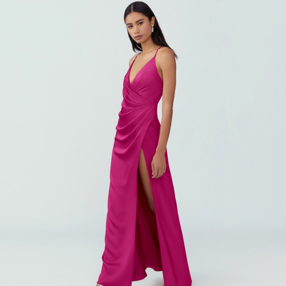 Hot pink satin effect wrap Slip lace up back long Dress gown 6